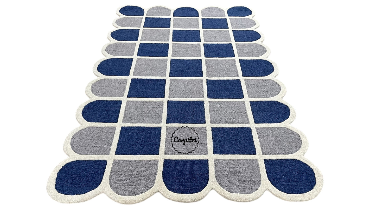 Modern Blue Grid Tufted Rug – Geometric Grey Cream Wool Carpet with Scalloped Edges