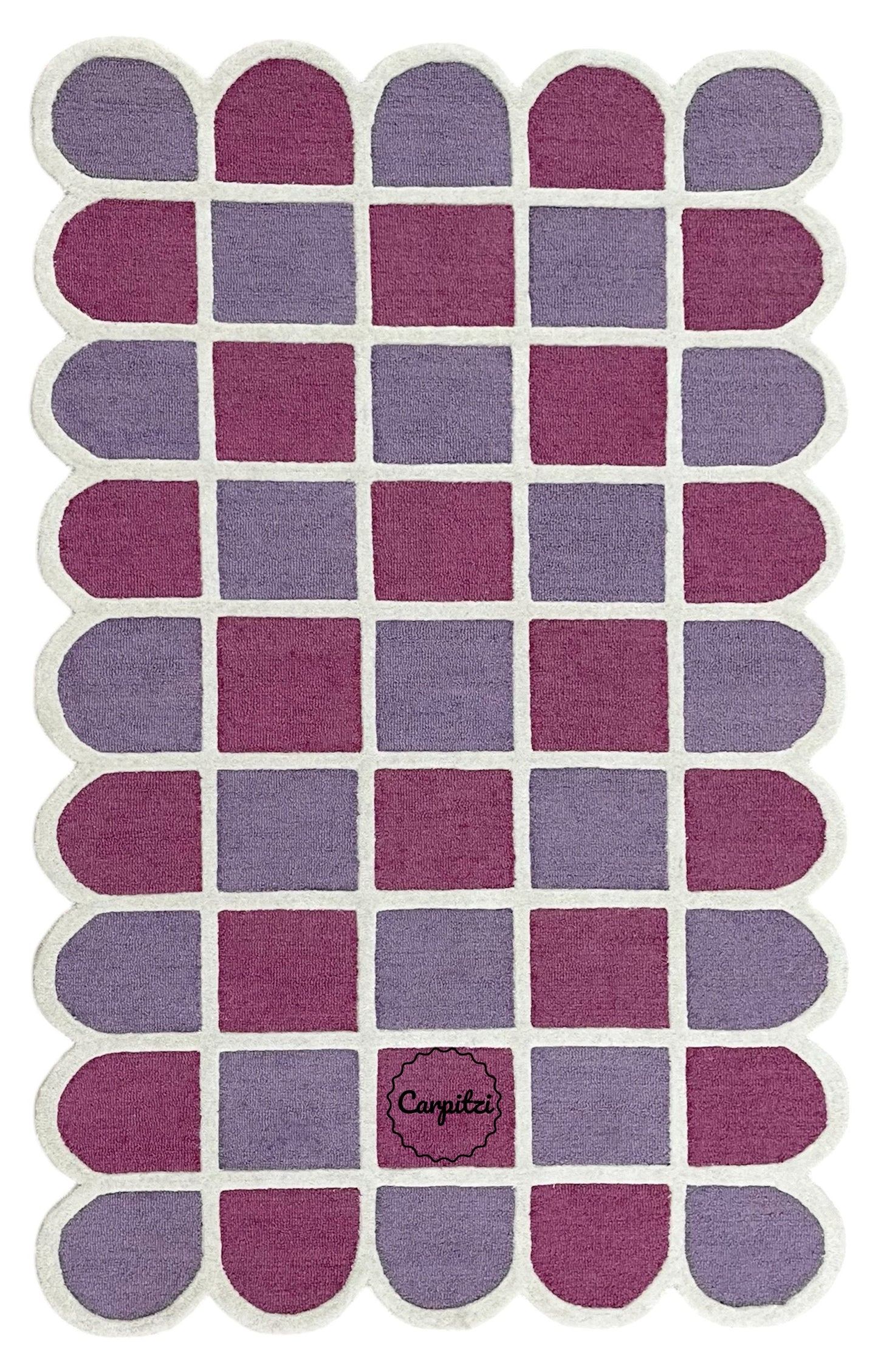 Modern Purple Grid Tufted Rug – Geometric Lilac Magenta Wool Carpet with Scalloped Edges