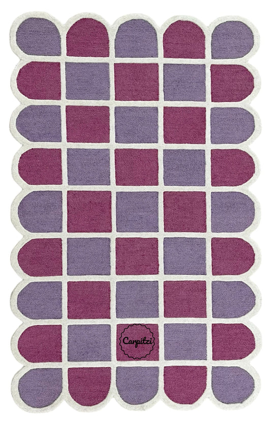 Modern Purple Grid Tufted Rug – Geometric Lilac Magenta Wool Carpet with Scalloped Edges Carpitzi