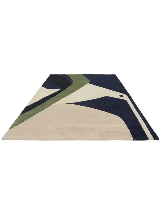 Modern Geometric Abstract Rug – Navy, Green & Beige - Carpitzi