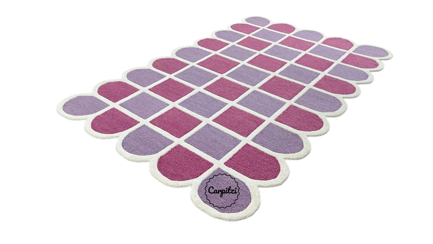 Modern Purple Grid Tufted Rug – Geometric Lilac Magenta Wool Carpet with Scalloped Edges