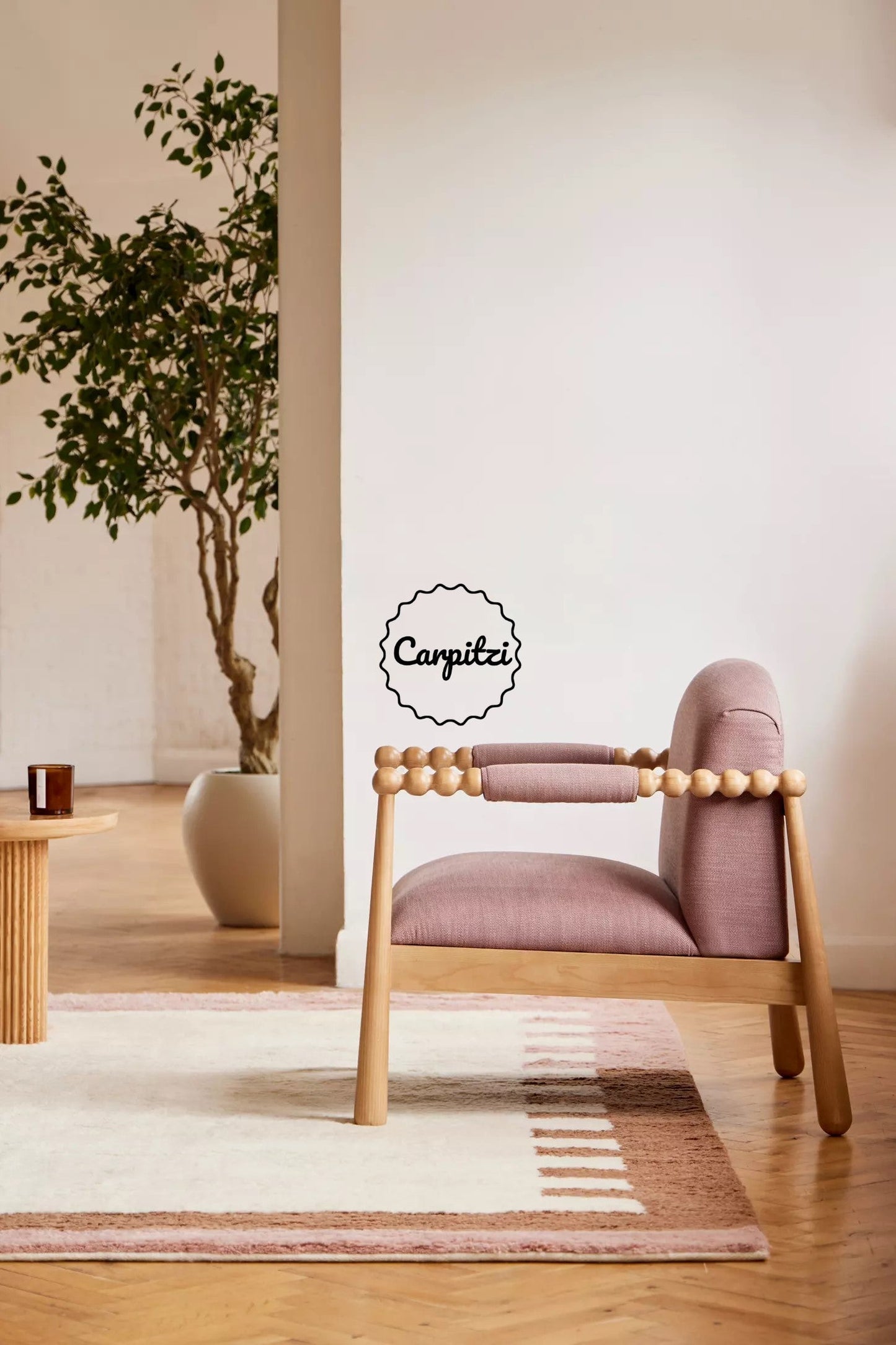 Pink Brown Geometric Tufted Wool Rug with Modern Border Carpitzi