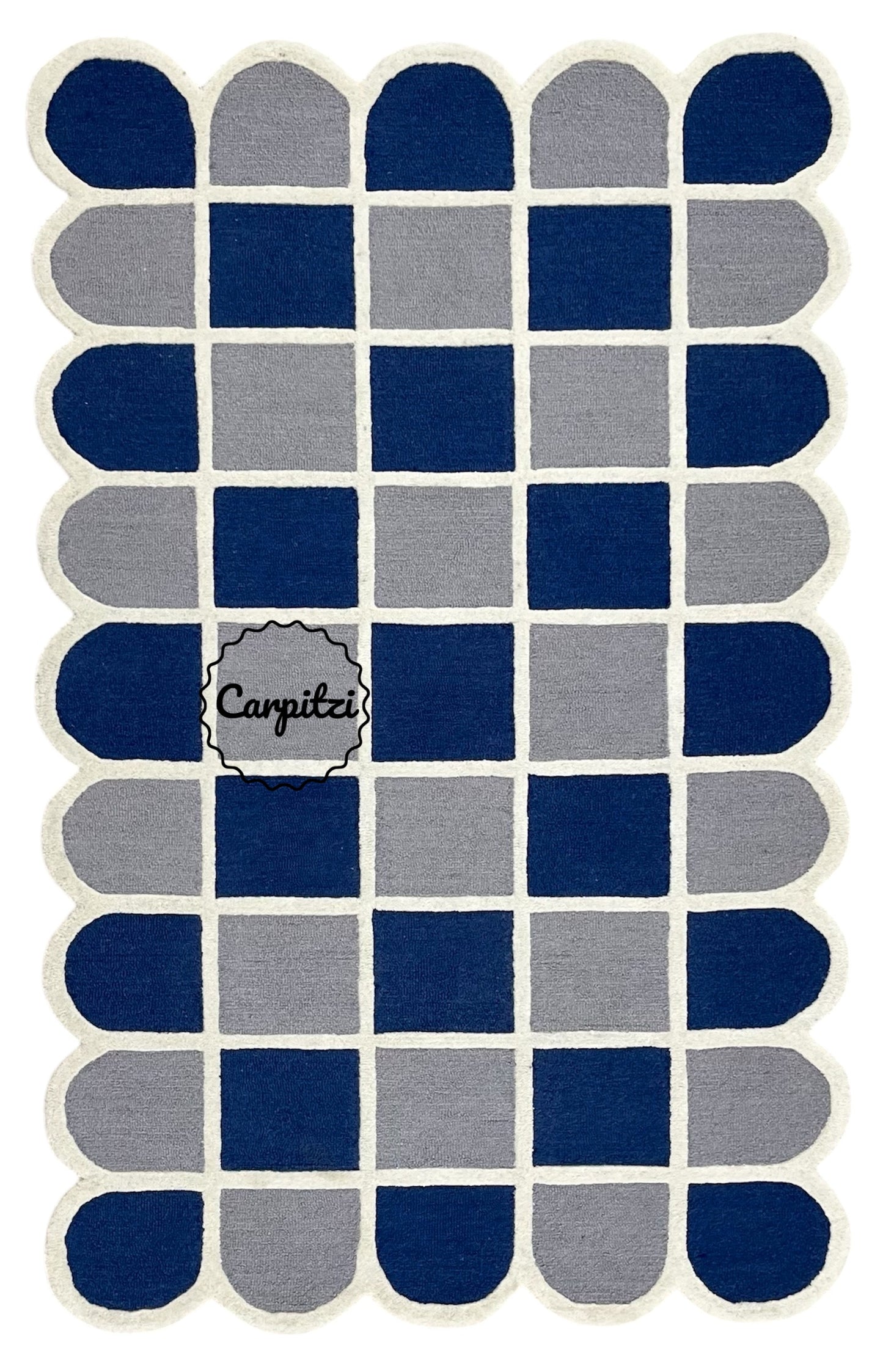 Modern Blue Grid Tufted Rug – Geometric Grey Cream Wool Carpet with Scalloped Edges