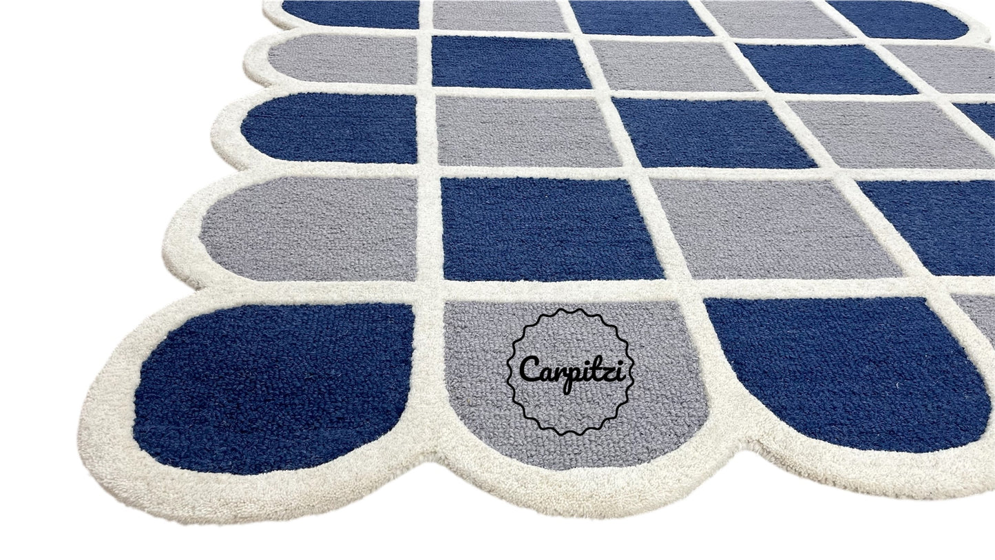 Modern Blue Grid Tufted Rug – Geometric Grey Cream Wool Carpet with Scalloped Edges