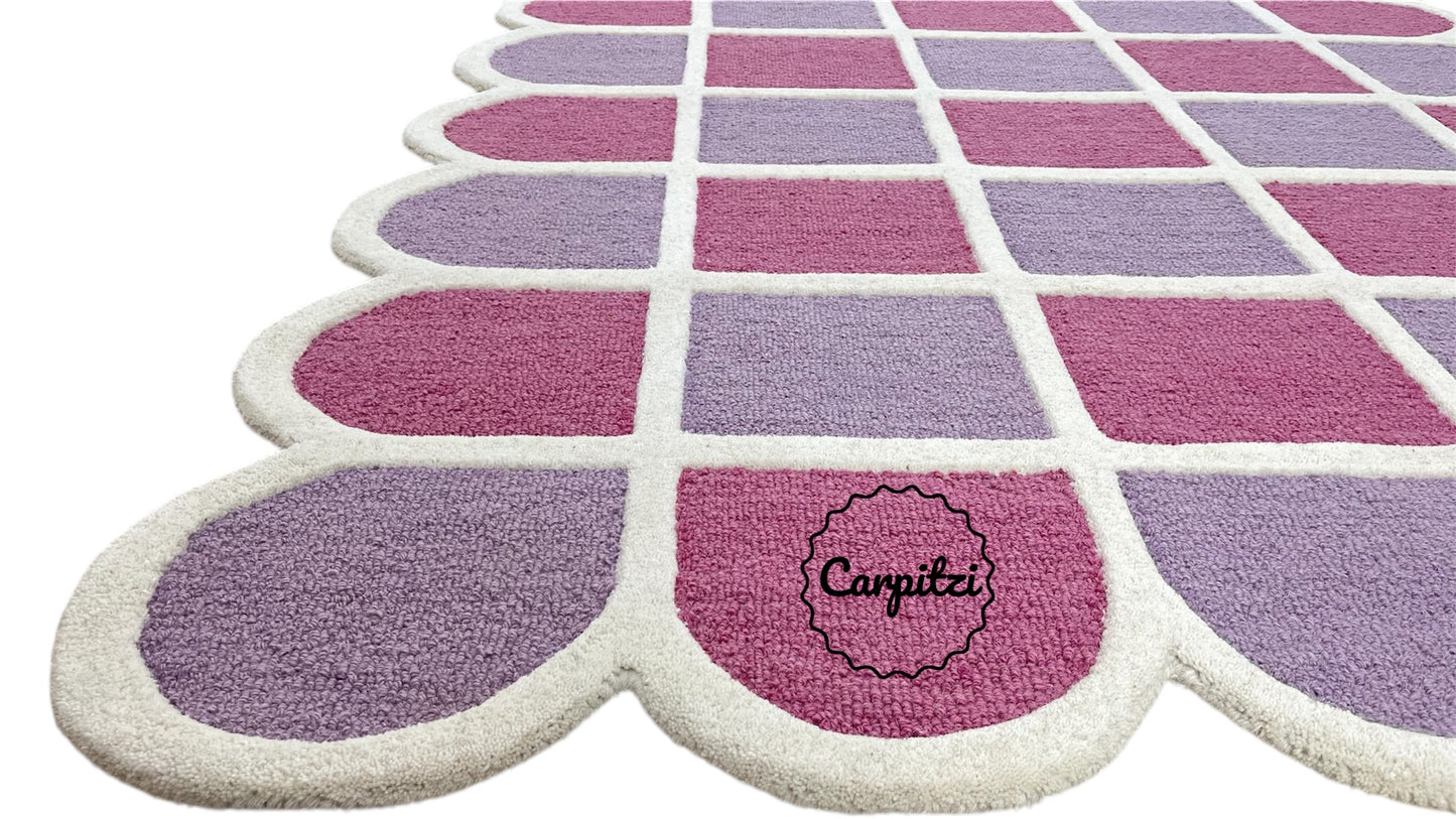 Modern Purple Grid Tufted Rug – Geometric Lilac Magenta Wool Carpet with Scalloped Edges