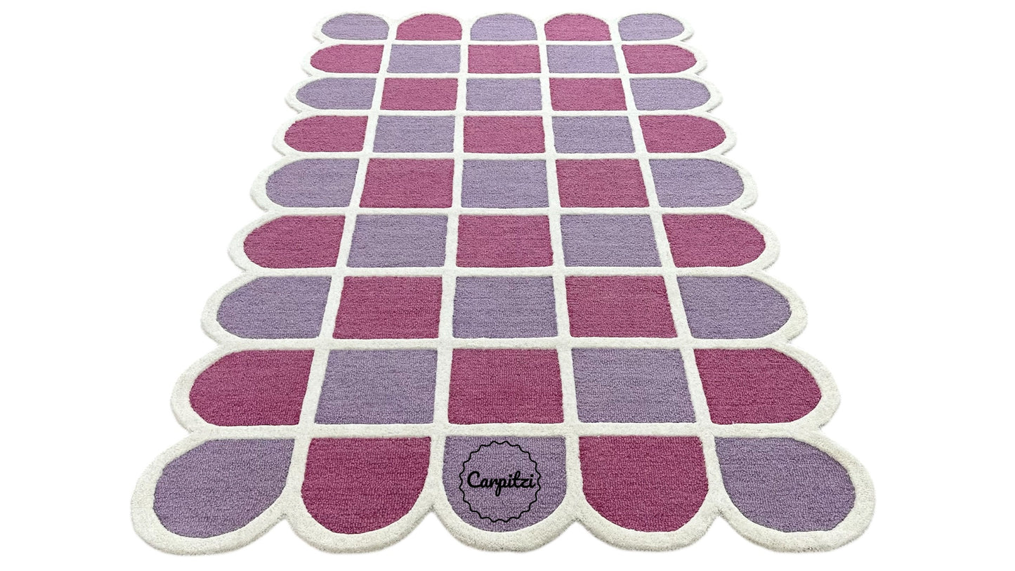 Modern Purple Grid Tufted Rug – Geometric Lilac Magenta Wool Carpet with Scalloped Edges
