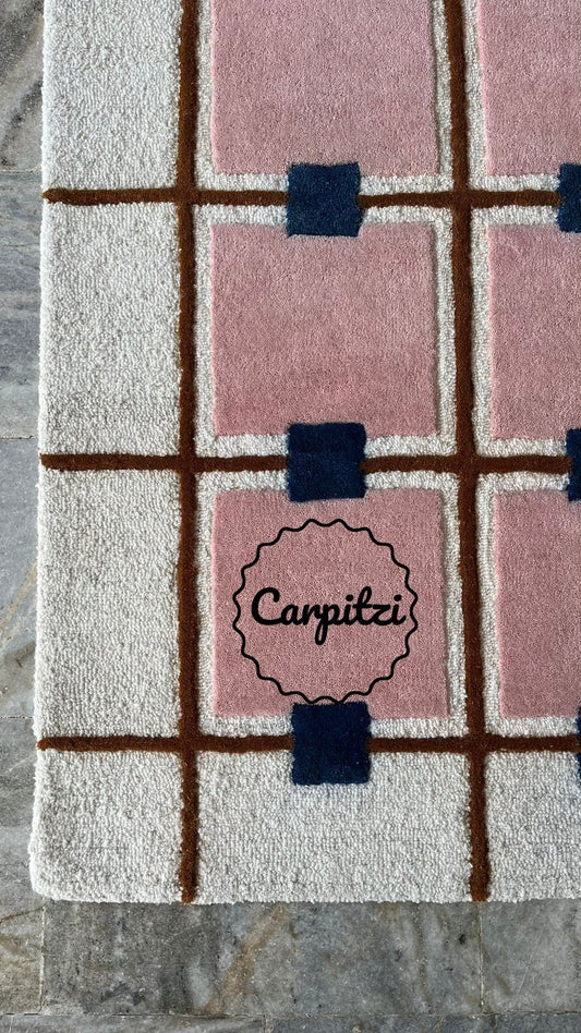 Modern Pink Grid Tufted Rug – Geometric Wool Area Carpet for Living Room- 8x10, 9x12 Rug Carpitzi