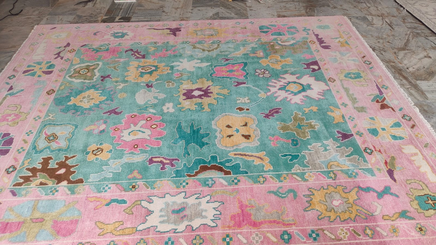 Handmade Turkish Oushak Rug–Pastel Pink and Aqua Blue Wool Rug,