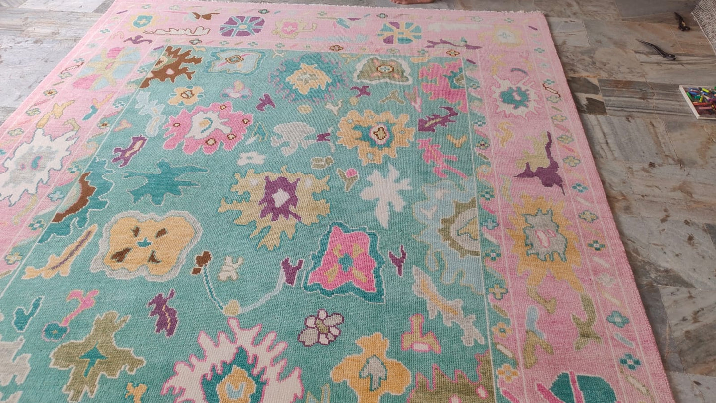 Handmade Turkish Oushak Rug–Pastel Pink and Aqua Blue Wool Rug,