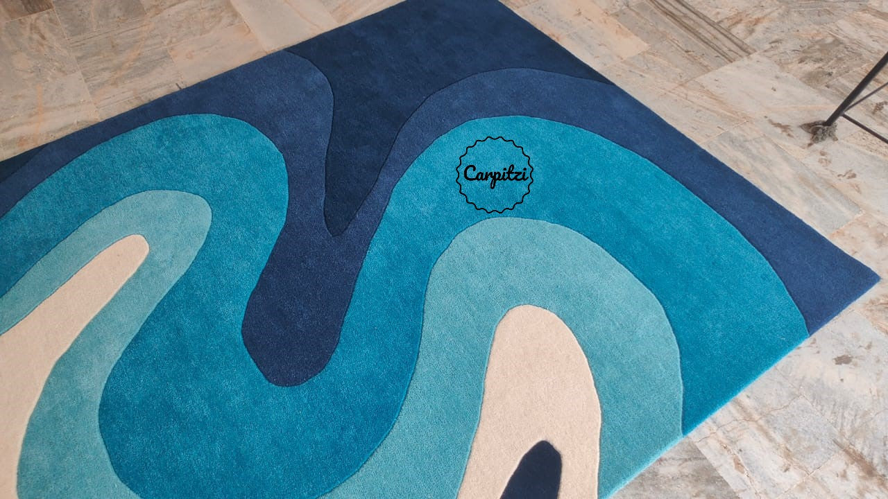 Modern Blue Wave Tufted Rug – Abstract Ocean-Inspired Wool Carpet for Living Room