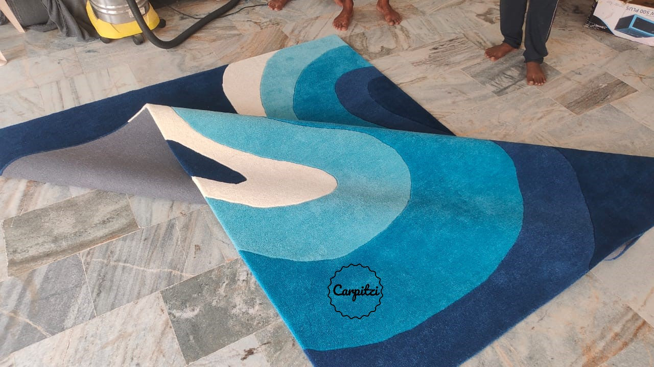 Modern Blue Wave Tufted Rug – Abstract Ocean-Inspired Wool Carpet for Living Room