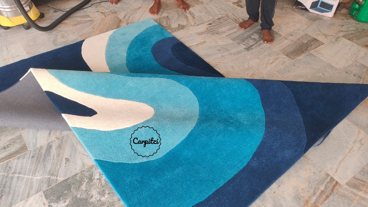 Modern Blue Wave Tufted Rug – Abstract Ocean-Inspired Wool Carpet for Living Room