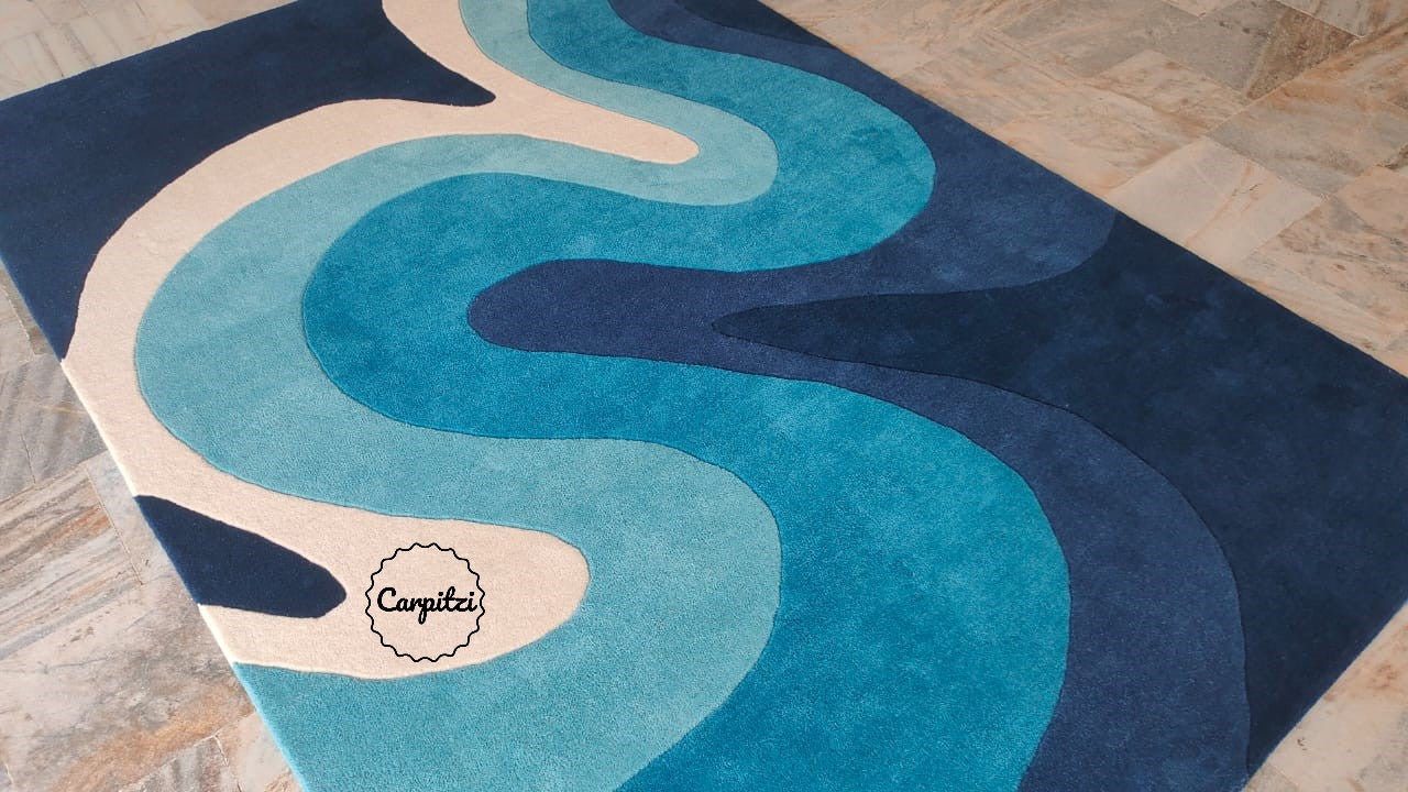 Modern Blue Wave Tufted Rug – Abstract Ocean-Inspired Wool Carpet for Living Room
