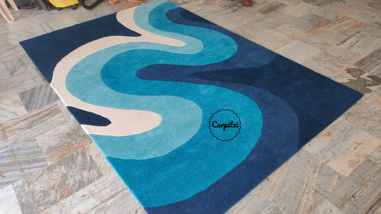 Modern Blue Wave Tufted Rug – Abstract Ocean-Inspired Wool Carpet for Living Room