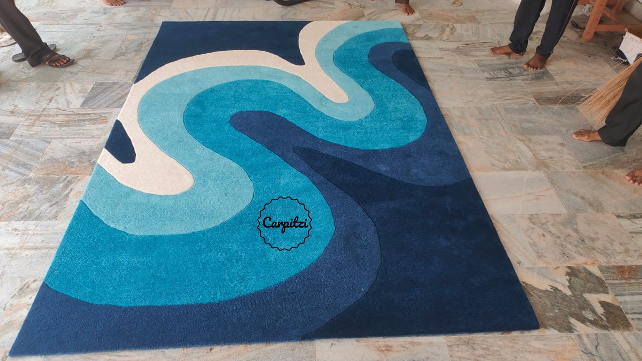 Modern Blue Wave Tufted Rug – Abstract Ocean-Inspired Wool Carpet for Living Room