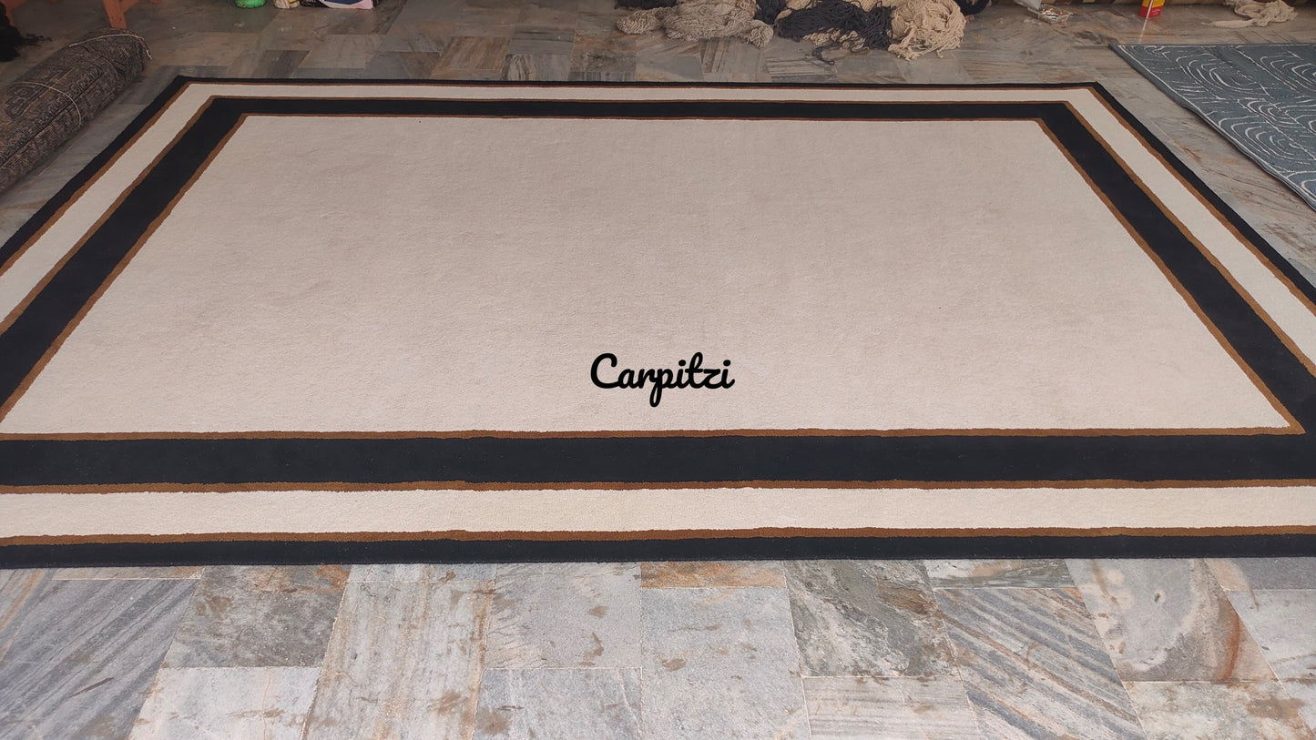 Hand Tufted Midnight Frame Solid beige Rug – Geometric Nordic Wool Rug for Bedroom Aesthetic Carpitzi