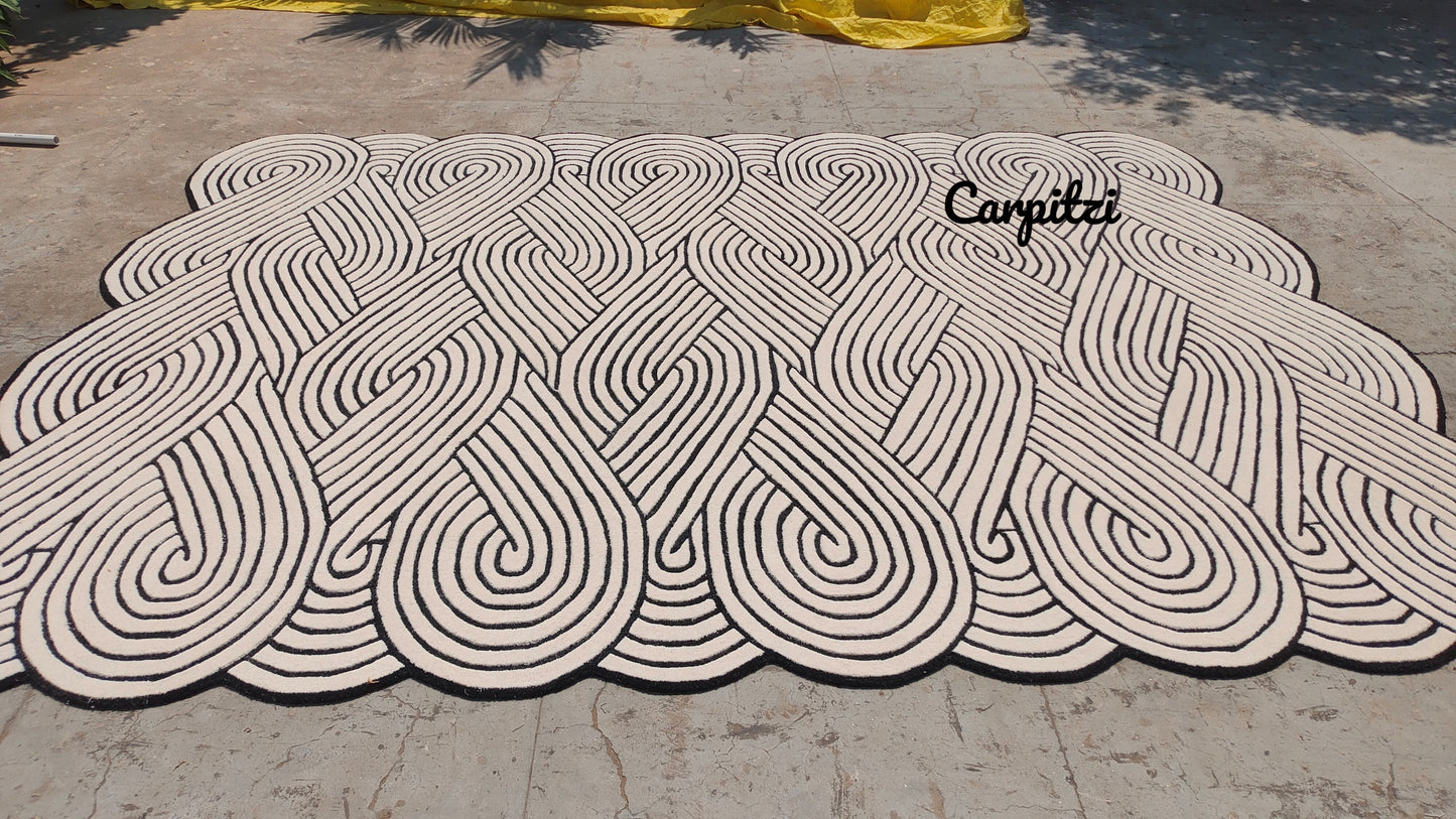 Braided Flow Hand Tufted Irregular Wool Rug - Black White Anthro Modern Geometric Rug for Living Room