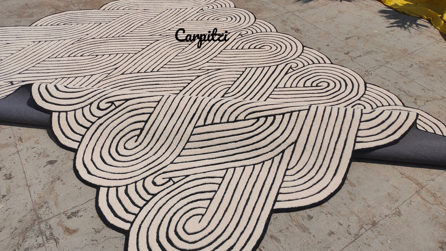 Braided Flow Hand Tufted Irregular Wool Rug - Black White Anthro Modern Geometric Rug for Living Room