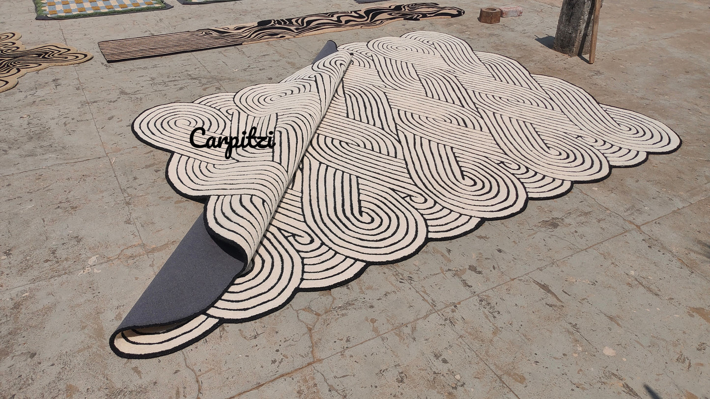 Braided Flow Hand Tufted Irregular Wool Rug - Black White Anthro Modern Geometric Rug for Living Room