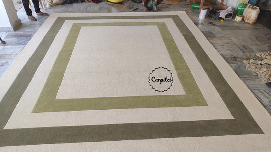 Beige & Olive Green Border Frame Tufted Rug – Minimalist Geometric Carpet Carpitzi