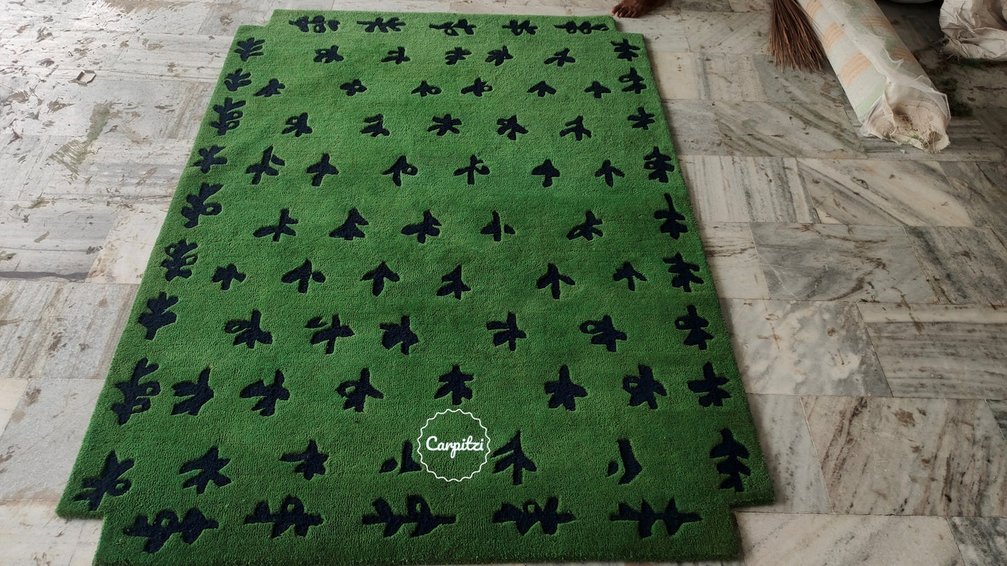 Green Botanical Hand-Tufted Rug – Modern Nature Pattern Carpet - 8x10, 9x12 Rug