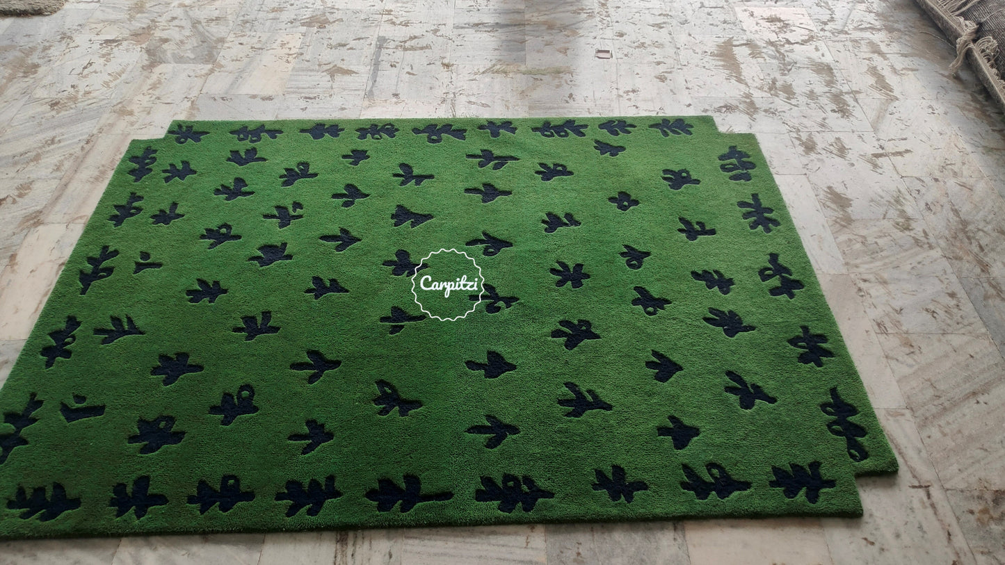 Green Botanical Hand-Tufted Rug – Modern Nature Pattern Carpet - 8x10, 9x12 Rug