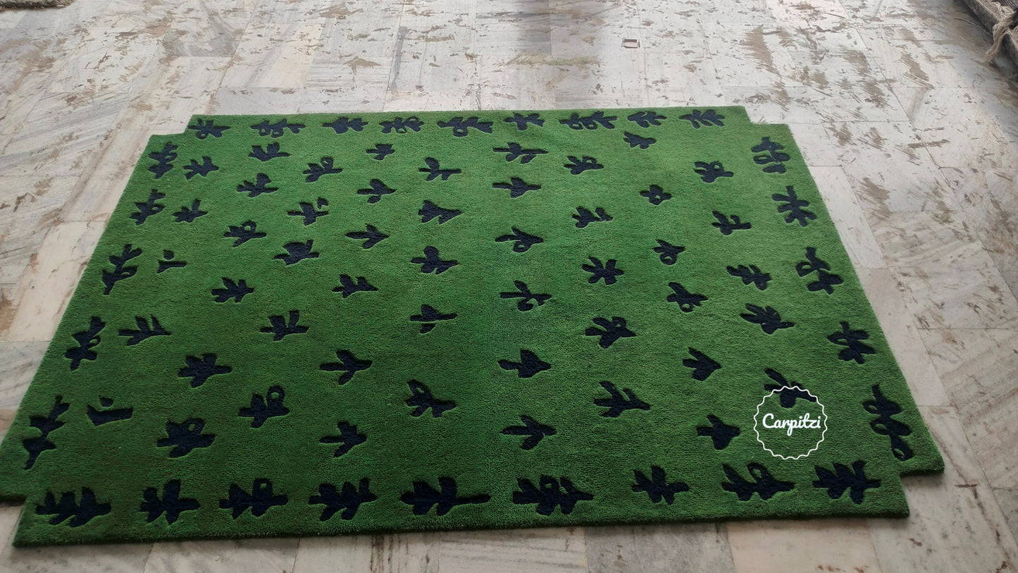 Green Botanical Hand-Tufted Rug – Modern Nature Pattern Carpet - 8x10, 9x12 Rug