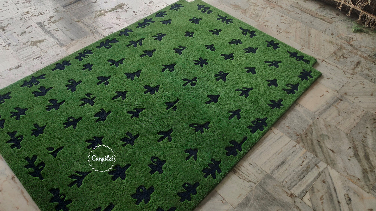 Green Botanical Hand-Tufted Rug – Modern Nature Pattern Carpet - 8x10, 9x12 Rug