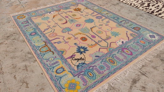 Colorful Pastel Oushak Rug – Traditional Hand-Knotted Turkish Wool Carpet for Living Room