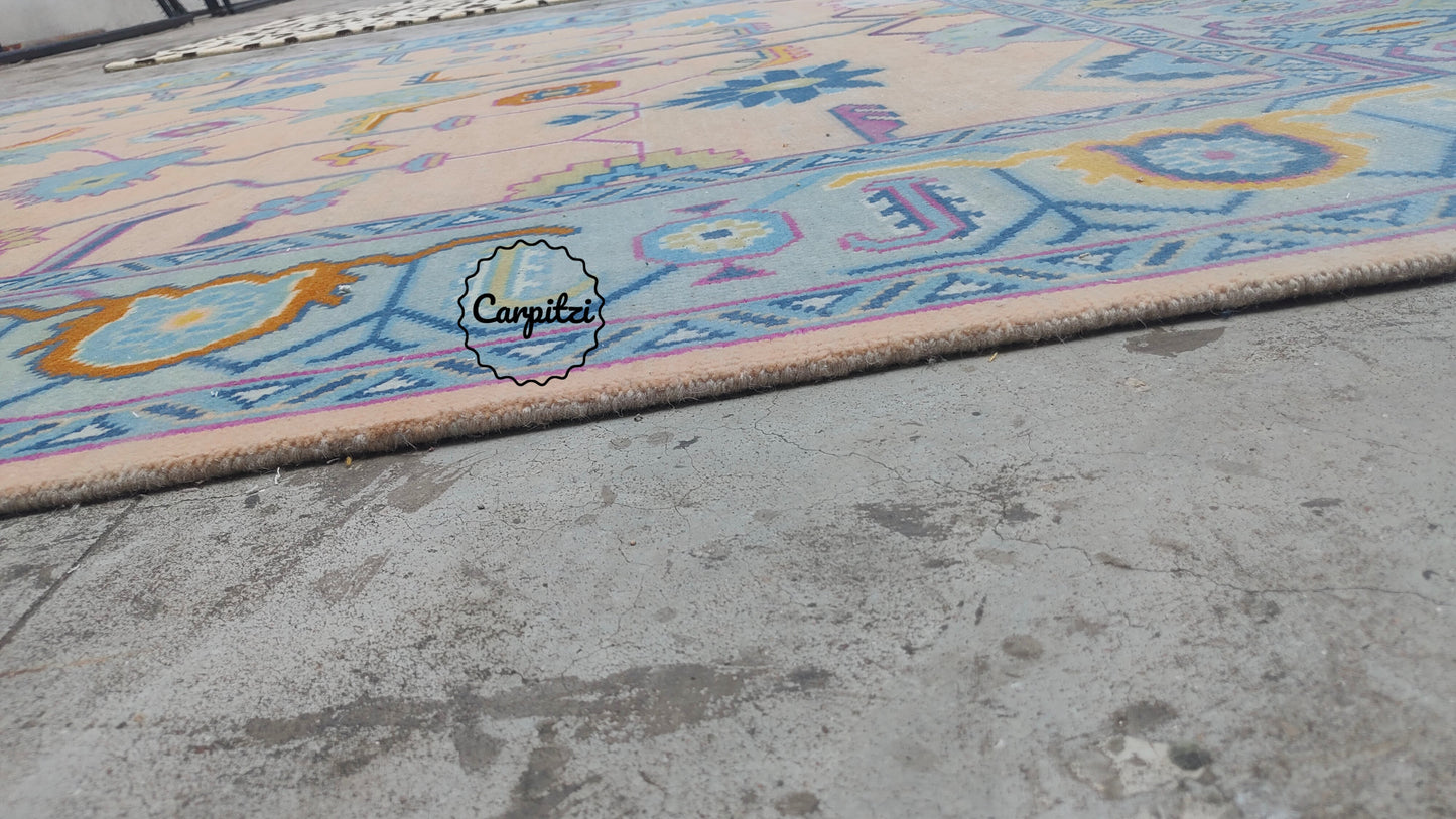 Colorful Pastel Oushak Rug – Traditional Hand-Knotted Turkish Wool Carpet for Living Room
