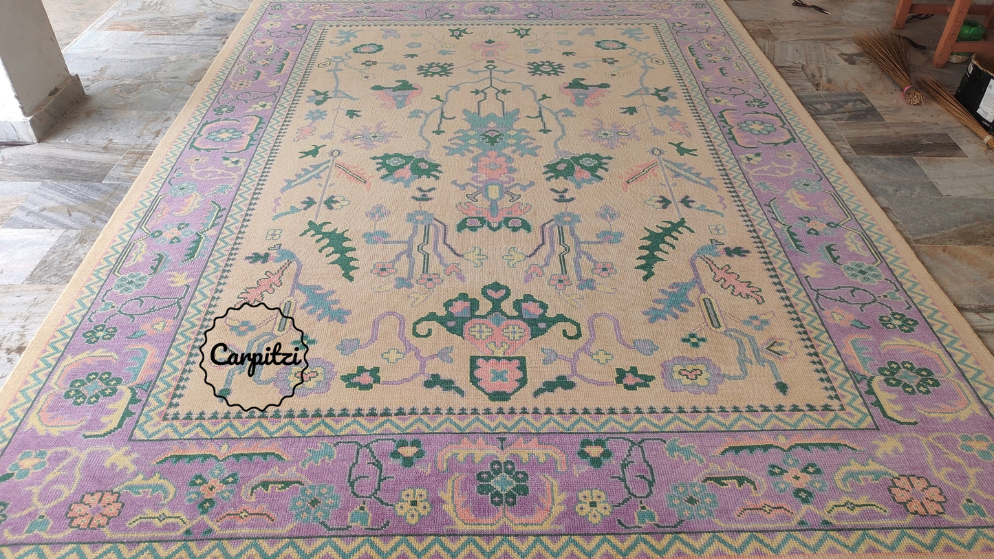 Beige Lavender Oushak Rug – Vintage Turkish Wool Carpet with Pastel Botanical Motifs