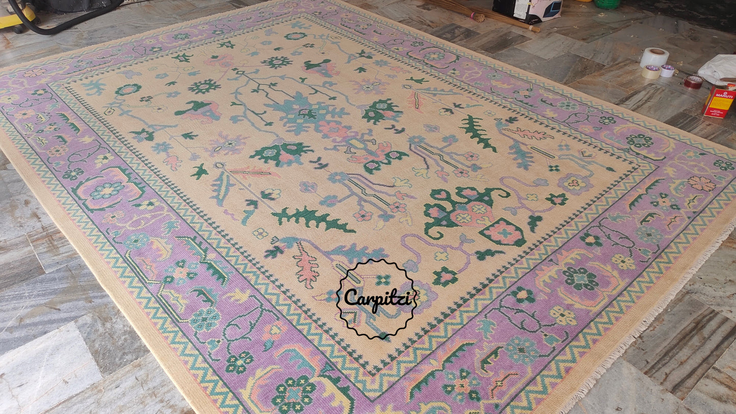 Beige Lavender Oushak Rug – Vintage Turkish Wool Carpet with Pastel Botanical Motifs