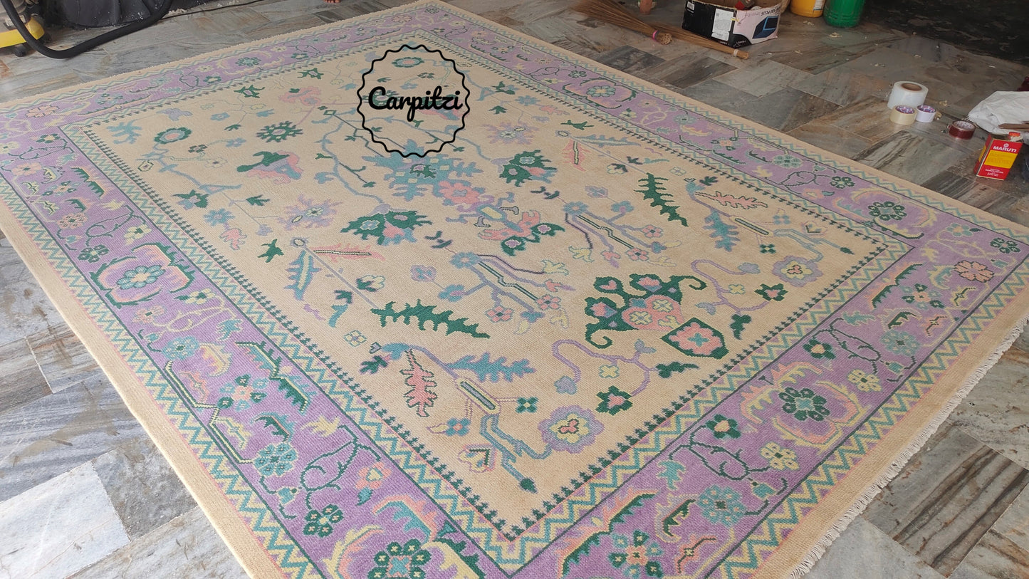 Beige Lavender Oushak Rug – Vintage Turkish Wool Carpet with Pastel Botanical Motifs