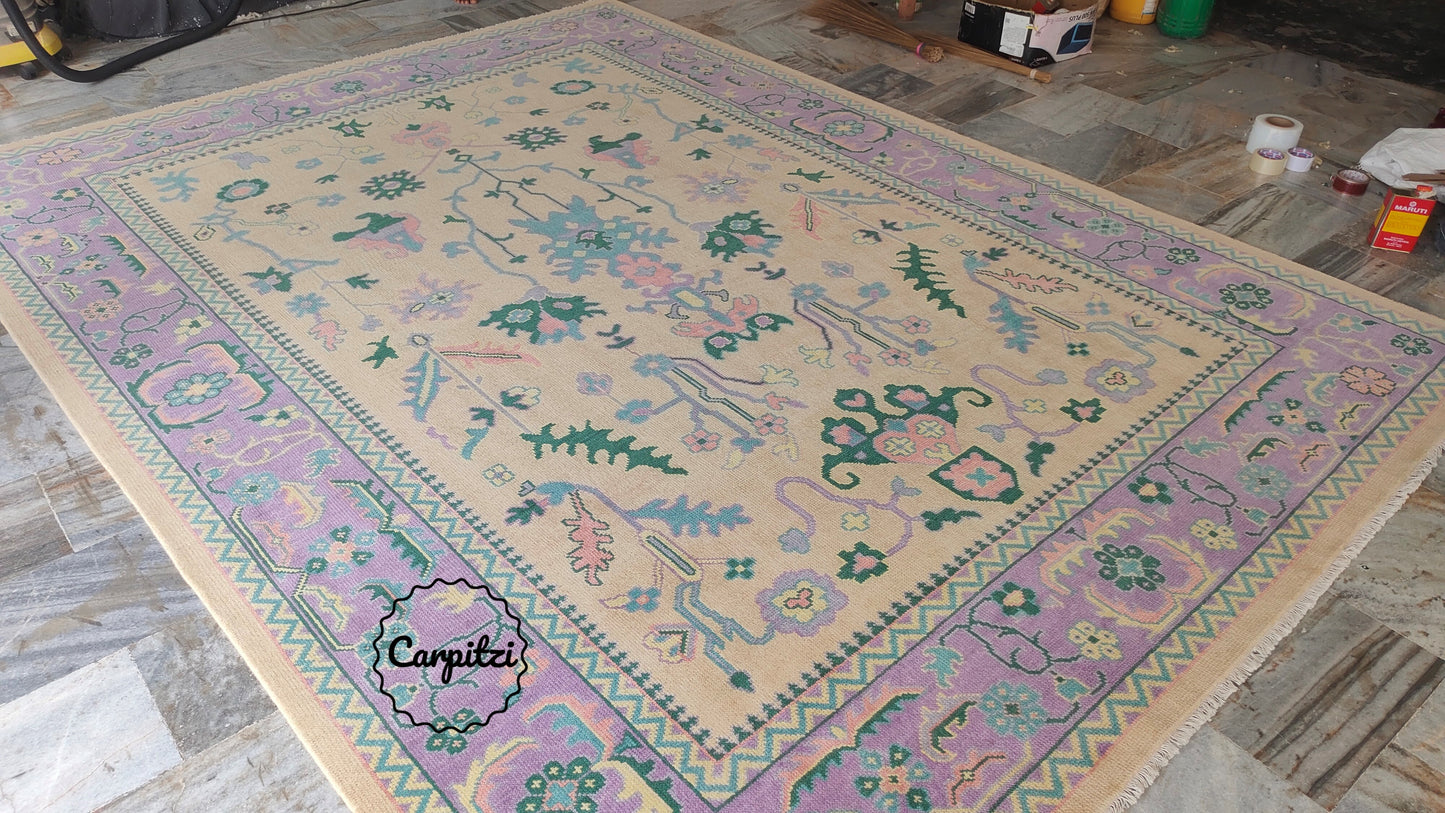 Beige Lavender Oushak Rug – Vintage Turkish Wool Carpet with Pastel Botanical Motifs