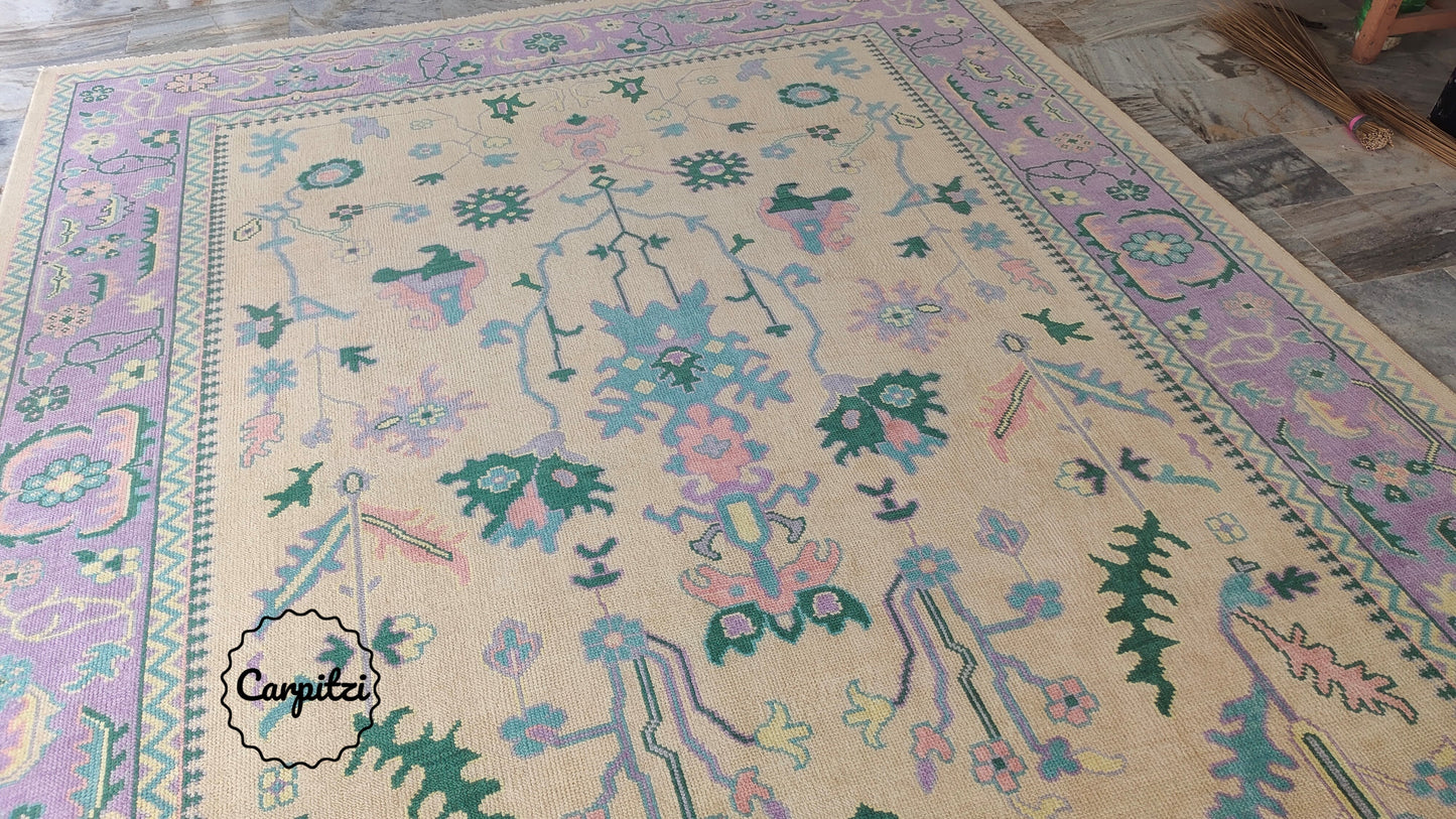 Beige Lavender Oushak Rug – Vintage Turkish Wool Carpet with Pastel Botanical Motifs