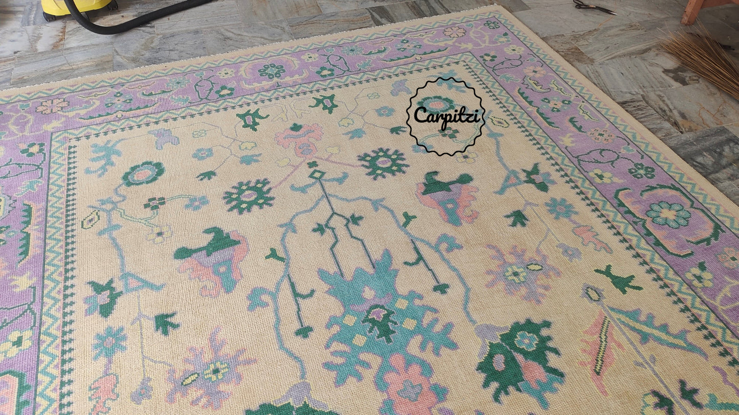 Beige Lavender Oushak Rug – Vintage Turkish Wool Carpet with Pastel Botanical Motifs