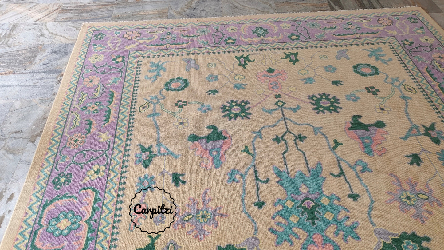 Beige Lavender Oushak Rug – Vintage Turkish Wool Carpet with Pastel Botanical Motifs