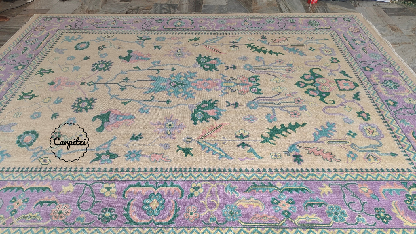 Beige Lavender Oushak Rug – Vintage Turkish Wool Carpet with Pastel Botanical Motifs