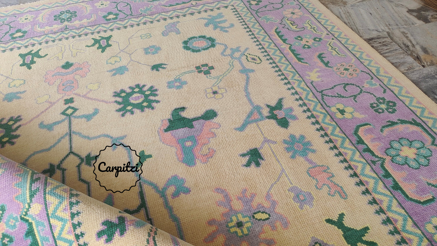 Beige Lavender Oushak Rug – Vintage Turkish Wool Carpet with Pastel Botanical Motifs