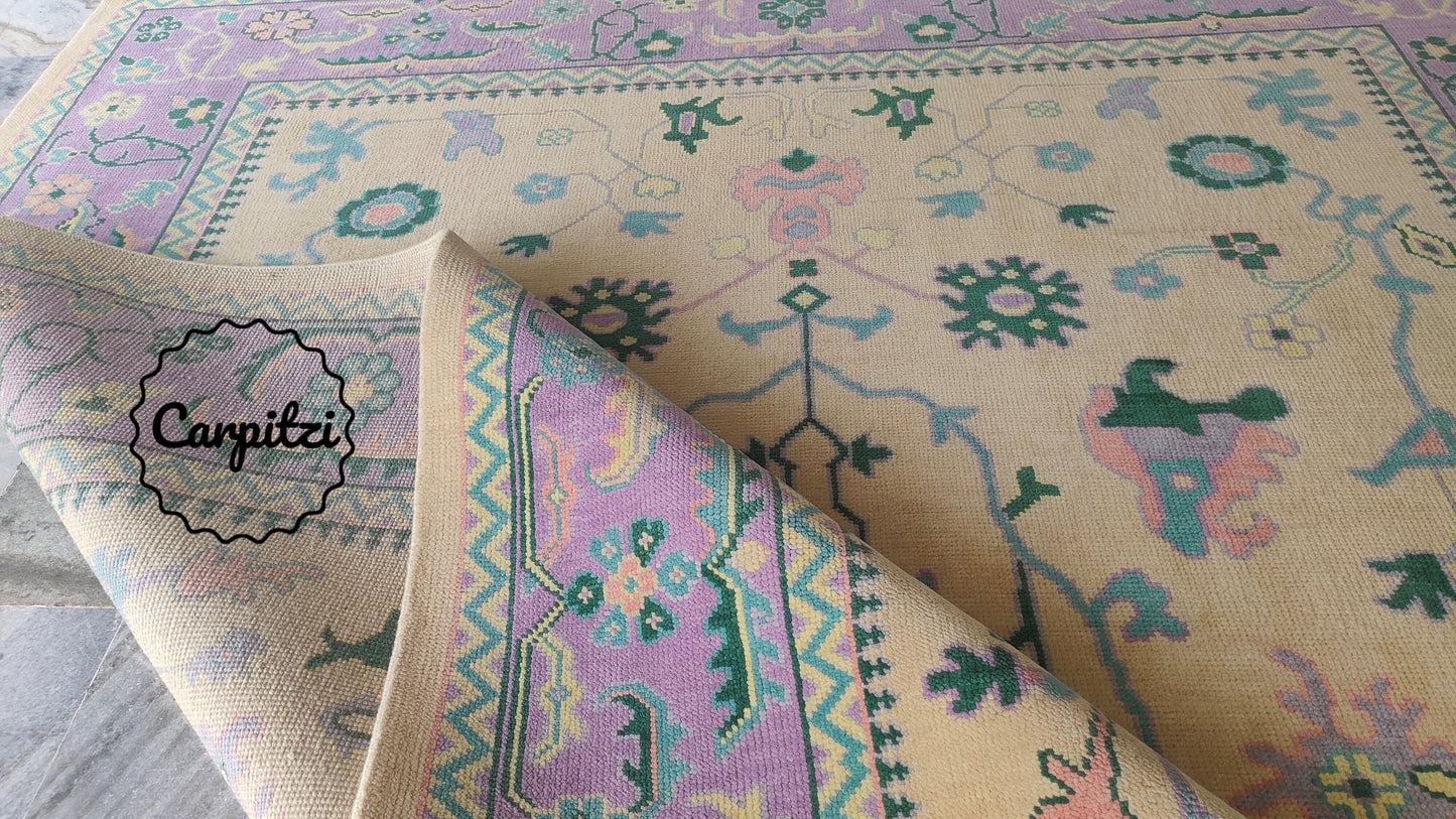 Beige Lavender Oushak Rug – Vintage Turkish Wool Carpet with Pastel Botanical Motifs
