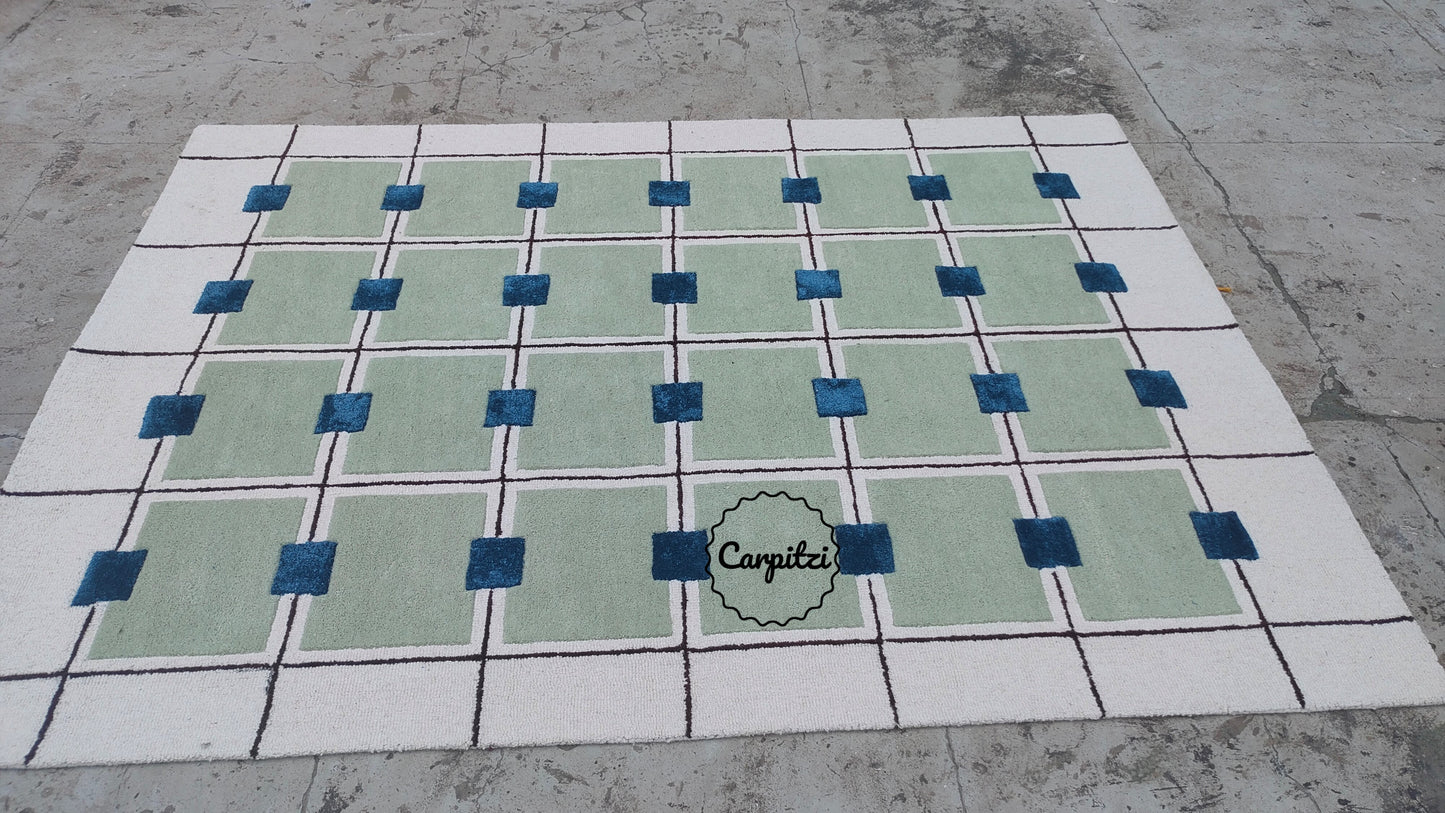 Modern Green Grid Tufted Rug – Geometric Blue & Cream Wool Carpet for Living Room
