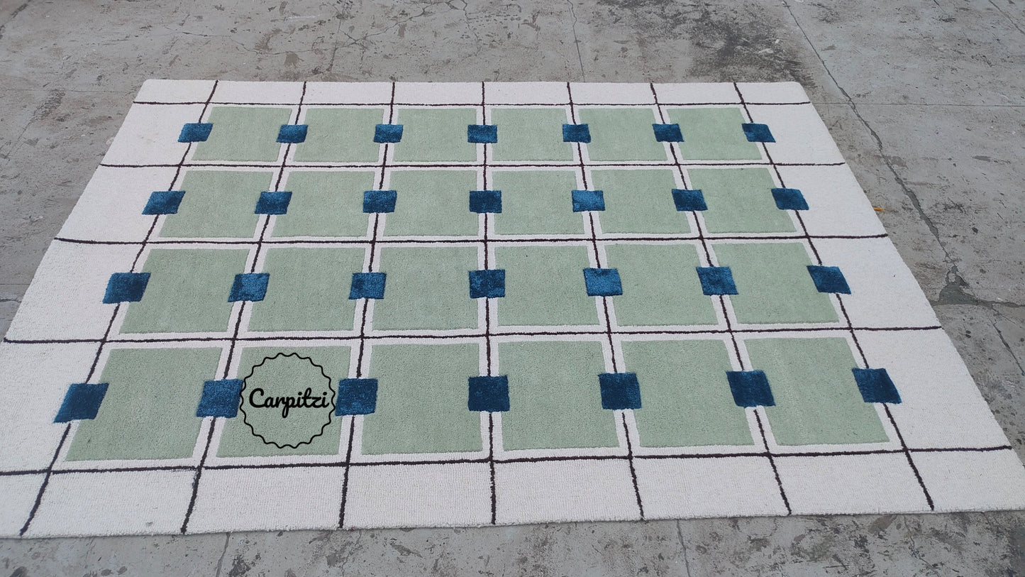 Modern Green Grid Tufted Rug – Geometric Blue & Cream Wool Carpet for Living Room