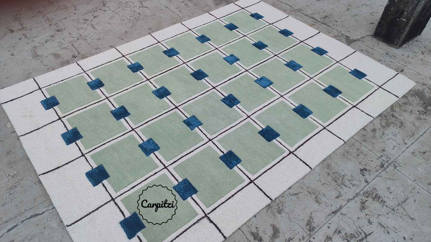 Modern Green Grid Tufted Rug – Geometric Blue & Cream Wool Carpet for Living Room