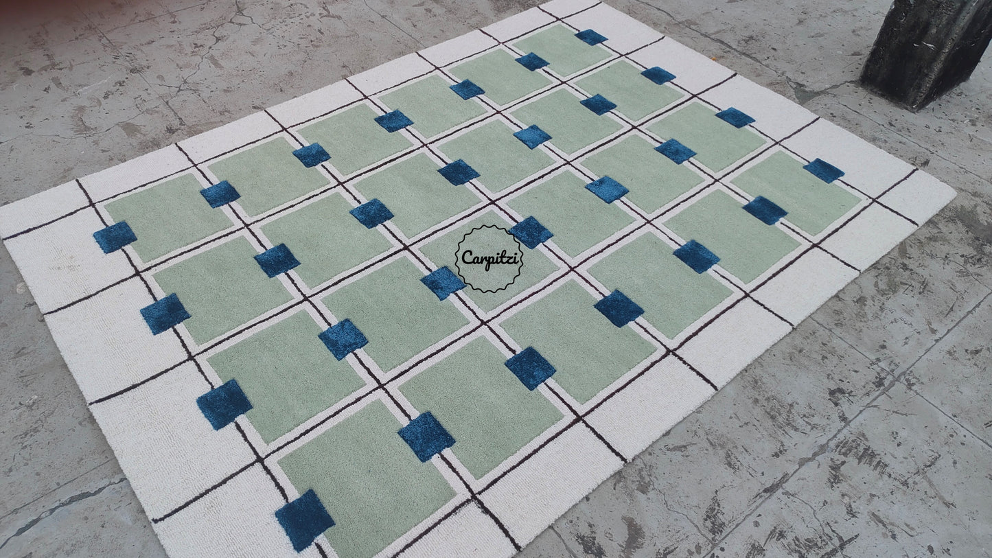 Modern Green Grid Tufted Rug – Geometric Blue & Cream Wool Carpet for Living Room
