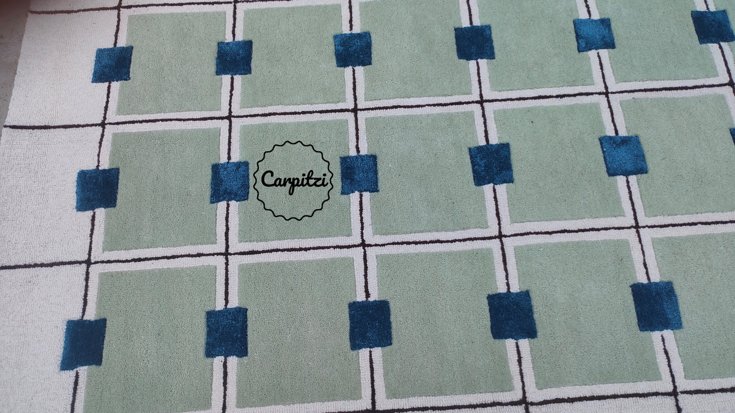 Modern Green Grid Tufted Rug – Geometric Blue & Cream Wool Carpet for Living Room