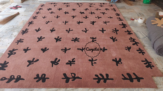 Modern Abstract Botanical Tufted Rug – Dusty Rose & Black Leaf Pattern Carpet