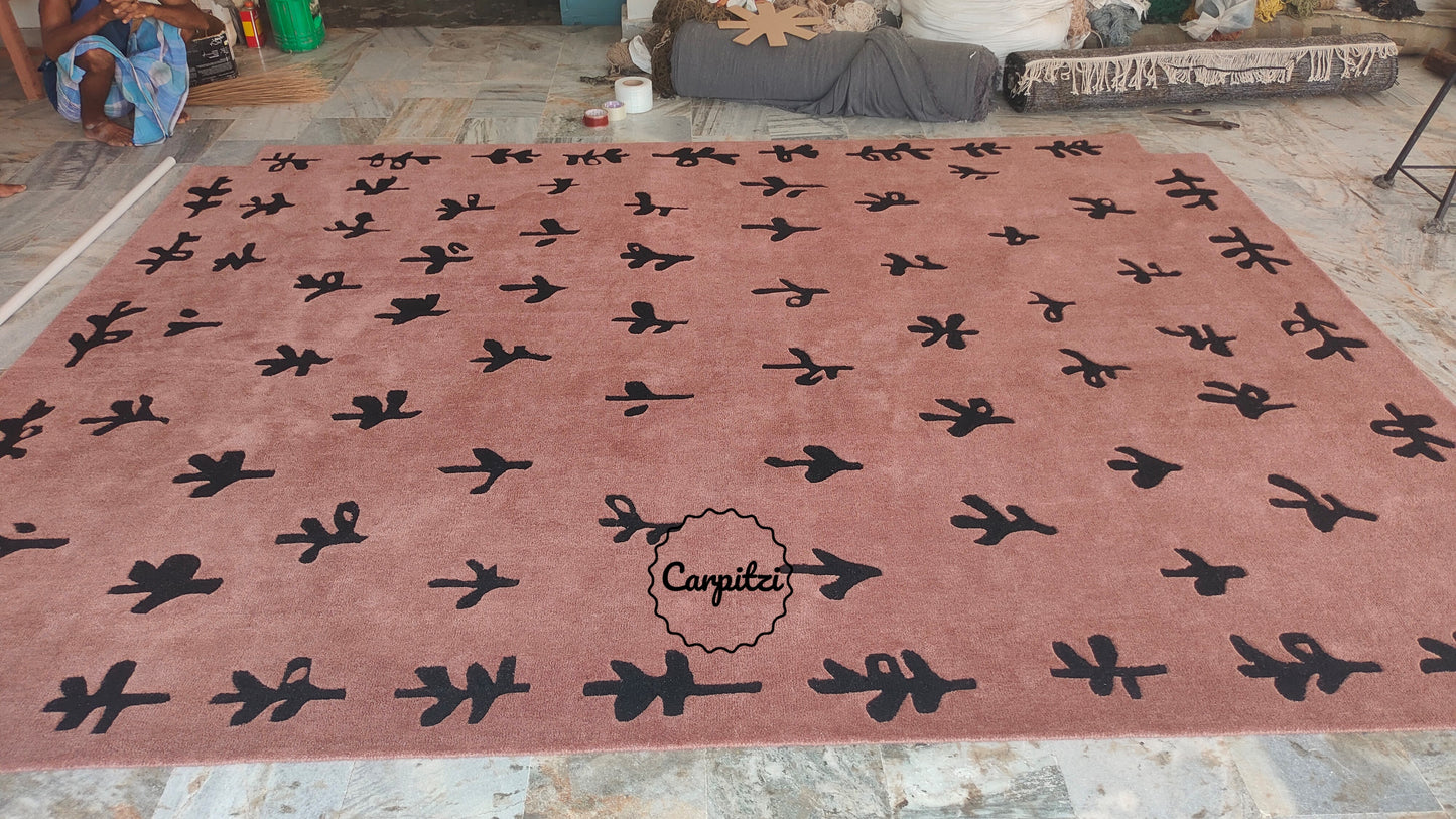 Modern Abstract Botanical Tufted Rug – Dusty Rose & Black Leaf Pattern Carpet