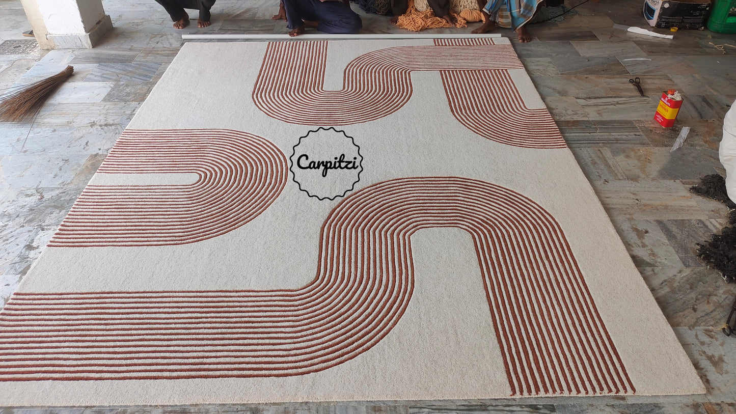 Modern Geometric Line Tufted Rug – Cream & Terracotta Abstract Curve Carpet