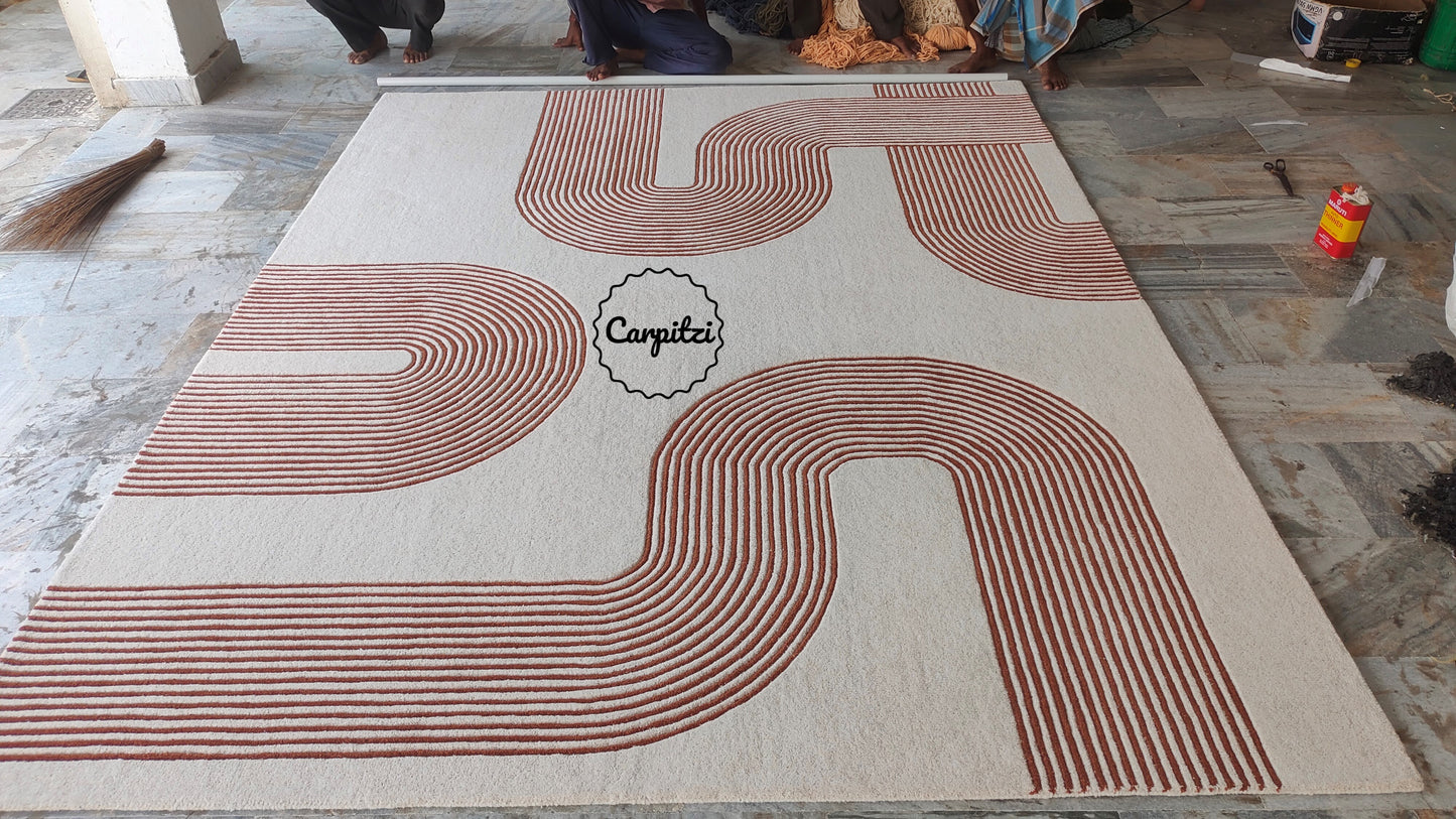 Modern Geometric Line Tufted Rug – Cream & Terracotta Abstract Curve Carpet