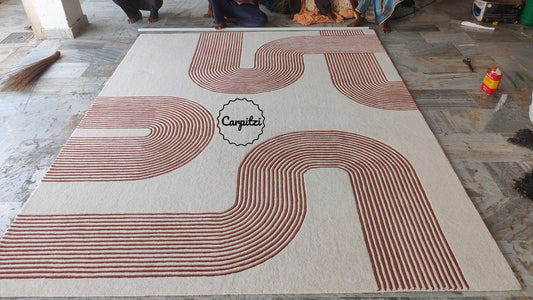 Modern Geometric Line Tufted Rug – Cream & Terracotta Abstract Curve Carpet